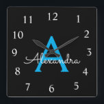 Blue Black Script Girly Monogram Name<br><div class="desc">Blue and Black Script Monogram Name Clock. This makes the perfect sweet 16 birthday,  wedding,  bridal shower,  anniversary,  baby shower or bachelorette party gift for someone that loves glam luxury and chic styles.</div>