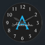 Blue Black Script Girly Monogram Name<br><div class="desc">Blue and Black Simple Script Monogram Name Clock. This makes the perfect sweet 16 birthday,  wedding,  bridal shower,  anniversary,  baby shower or bachelorette party gift for someone that loves glam luxury and chic styles.</div>