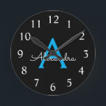Blue Black Script Girly Monogram Name<br><div class="desc">Blue and Black Simple Script Monogram Name Clock. This makes the perfect sweet 16 birthday,  wedding,  bridal shower,  anniversary,  baby shower or bachelorette party gift for someone that loves glam luxury and chic styles.</div>