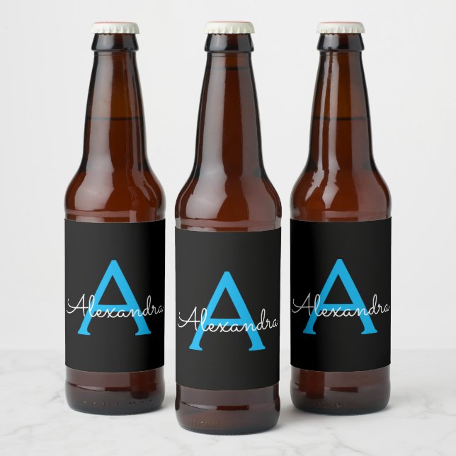 Blue Black Script Girly Monogram Name Beer Bottle Label (Bottles)