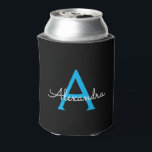 Blue Black Script Girly Monogram Name Can Cooler<br><div class="desc">Black and Blue Simple Script Elegant Birthday or Bachelorette Party Can Coolers. These Wedding,  Bridal Shower or Birthday Party Can Coolers can be customised to include your first name. Please contact the designer for customised matching items.</div>