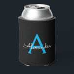 Blue Black Script Girly Monogram Name Can Cooler<br><div class="desc">Black and Blue Simple Script Elegant Birthday or Bachelorette Party Can Coolers. These Wedding,  Bridal Shower or Birthday Party Can Coolers can be customised to include your first name. Please contact the designer for customised matching items.</div>