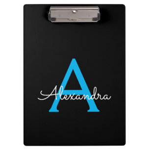 Blue Black Script Girly Monogram Name Clipboard