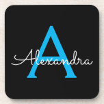 Blue Black Script Girly Monogram Name Coaster<br><div class="desc">Black and Blue Simple Script Monogram Name Paper Coasters. This makes the perfect graduation,  birthday,  wedding,  bridal shower,  anniversary,  baby shower or bachelorette party gift for someone that loves glam luxury and chic styles.</div>