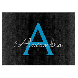 Blue Black Script Girly Monogram Name Cutting Board