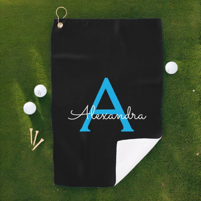 Blue Black Script Girly Monogram Name Golf Towel (Creator Uploaded)