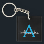 Blue Black Script Girly Monogram Name Key Ring<br><div class="desc">Black and Blue Simple Script Monogram Name Keychain. This makes the perfect sweet 16 birthday,  wedding,  bridal shower,  anniversary,  baby shower or bachelorette party gift for someone that loves glam luxury and chic styles.</div>