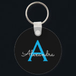 Blue Black Script Girly Monogram Name Key Ring<br><div class="desc">Black and Blue Simple Script Monogram Name Keychains (Key Chain). This makes the perfect sweet 16 birthday,  wedding,  bridal shower,  anniversary,  baby shower or bachelorette party gift for someone that loves glam luxury and chic styles.</div>