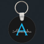 Blue Black Script Girly Monogram Name Key Ring<br><div class="desc">Black and Blue Simple Script Monogram Name Keychains (Key Chain). This makes the perfect sweet 16 birthday,  wedding,  bridal shower,  anniversary,  baby shower or bachelorette party gift for someone that loves glam luxury and chic styles.</div>