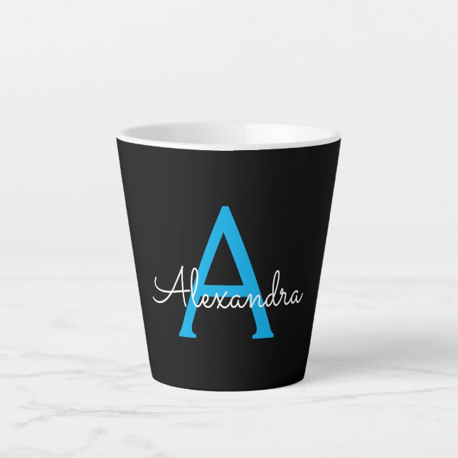 Blue Black Script Girly Monogram Name Latte Mug (Front)
