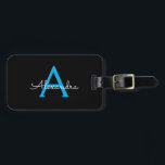 Blue Black Script Girly Monogram Name Luggage Tag<br><div class="desc">Black and Blue Monogram Add your own Name Script Luggage Bag Tag The bag tag makes the perfect sweet 16 birthday,  wedding,  bridal shower,  baby shower or bachelorette party gift for someone decorating her room in style.</div>