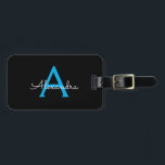 Blue Black Script Girly Monogram Name Luggage Tag<br><div class="desc">Black and Blue Monogram Add your own Name Script Luggage Bag Tag The bag tag makes the perfect sweet 16 birthday,  wedding,  bridal shower,  baby shower or bachelorette party gift for someone decorating her room in style.</div>
