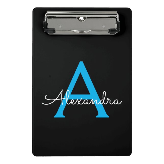 Blue Black Script Girly Monogram Name Mini Clipboard (Front)