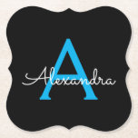 Blue Black Script Girly Monogram Name Paper Coaster<br><div class="desc">Black and Blue Simple Script Monogram Name Paper Coasters. This makes the perfect graduation,  birthday,  wedding,  bridal shower,  anniversary,  baby shower or bachelorette party gift for someone that loves glam luxury and chic styles.</div>