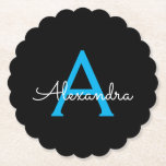 Blue Black Script Girly Monogram Name Paper Coaster<br><div class="desc">Black and Blue Simple Script Monogram Name Paper Coasters. This makes the perfect graduation,  birthday,  wedding,  bridal shower,  anniversary,  baby shower or bachelorette party gift for someone that loves glam luxury and chic styles.</div>