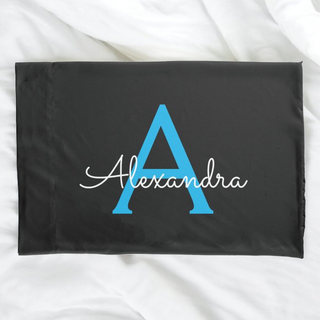 Blue Black Script Girly Monogram Name Pillowcase (Creator Uploaded)