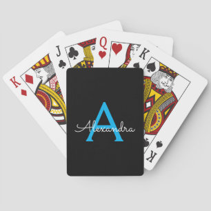 Blue Black Script Girly Monogram Name Playing Cards