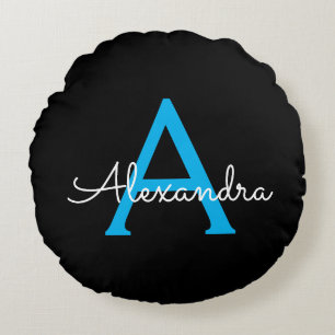 Blue Black Script Girly Monogram Name Round Cushion