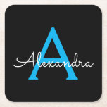 Blue Black Script Girly Monogram Name Square Paper Coaster<br><div class="desc">Black and Blue Simple Script Monogram Name Paper Coasters. This makes the perfect graduation,  birthday,  wedding,  bridal shower,  anniversary,  baby shower or bachelorette party gift for someone that loves glam luxury and chic styles.</div>