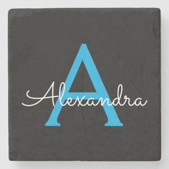 Blue Black Script Girly Monogram Name Stone Coaster (Front)