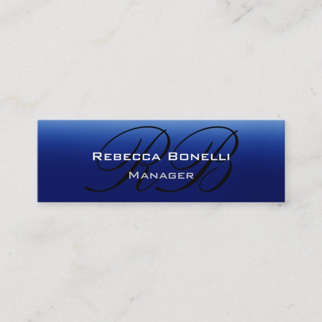 Blue Black Script Monogram Skinny Business Card (Front)