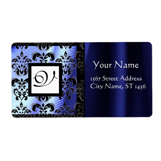 BLUE BLACK SILK DAMASK, SQUARE MONOGRAM (Front)