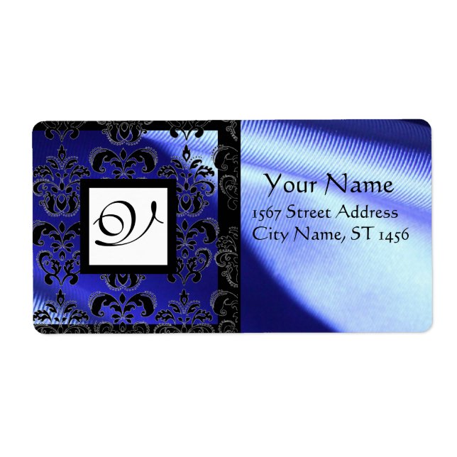 BLUE BLACK SILK DAMASK, SQUARE MONOGRAM (Front)