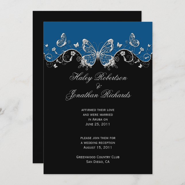 Blue Black Silver Butterflies Post Wedding Invitation (Front/Back)