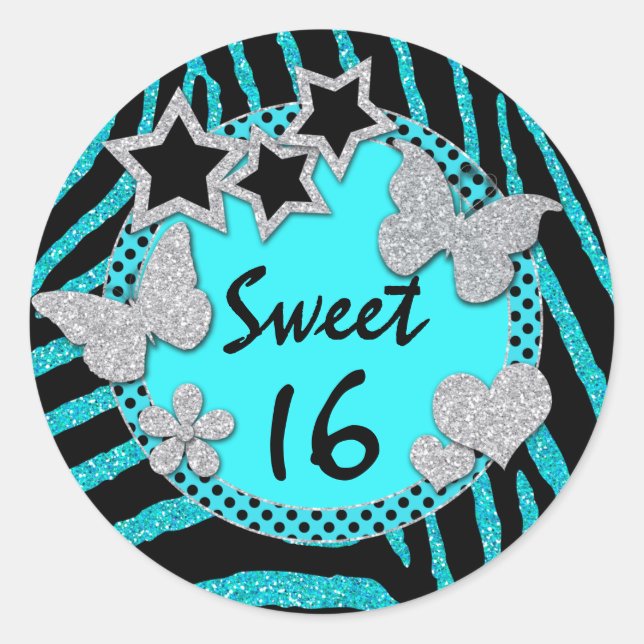 Blue Black Silver FAUX Glitter Sweet 16 Sticker (Front)