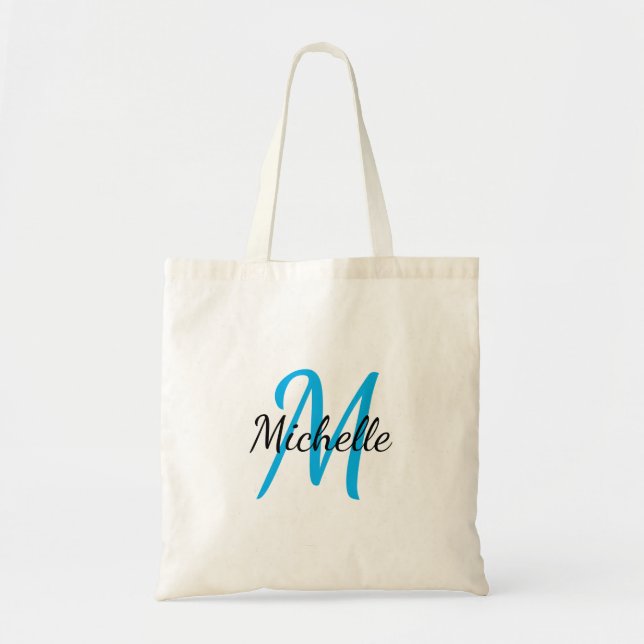 Blue & Black Simple Monogram Classic Trendy Tote B Bag (Front)