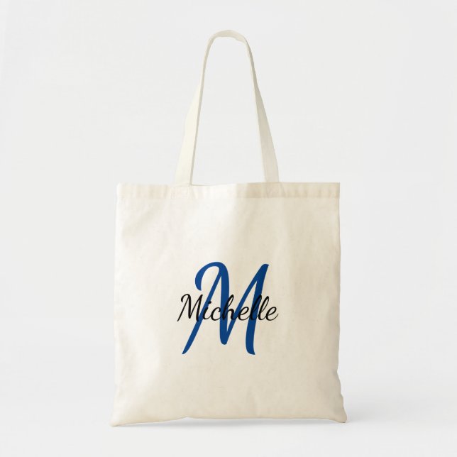 Blue & Black Simple Monogram Classic Trendy Tote Bag (Front)