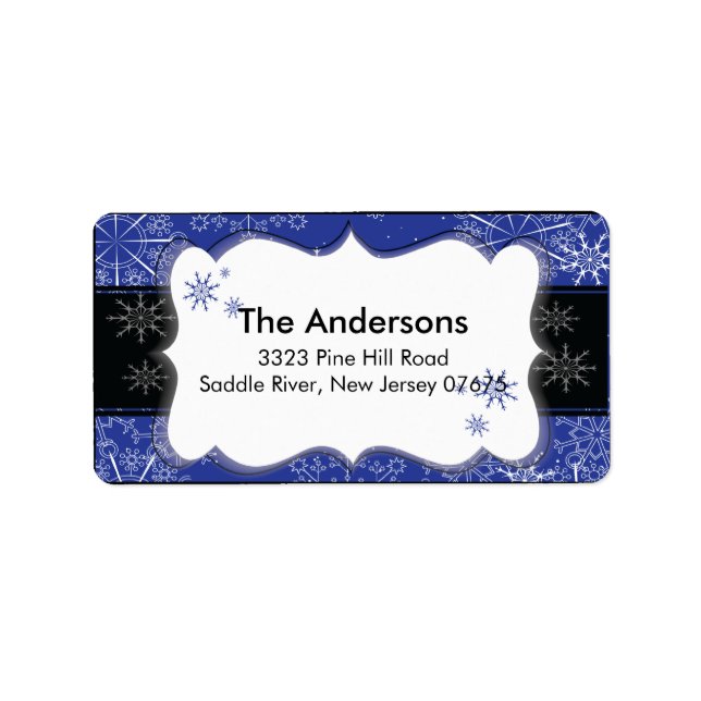 Blue Black Snowflake Winter Holiday Return Address Label (Front)