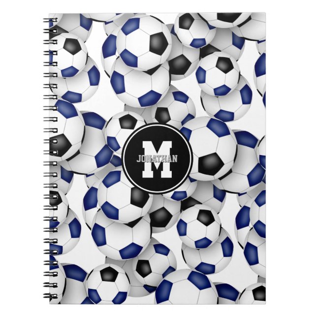 blue black soccer balls pattern monogrammed notebook (Front)