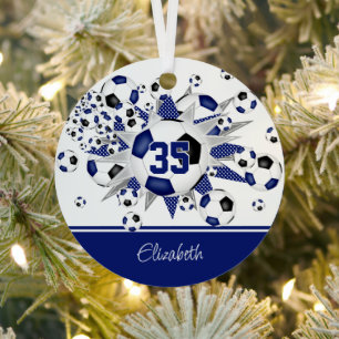 Blue black soccer balls stars keepsake metal tree decoration