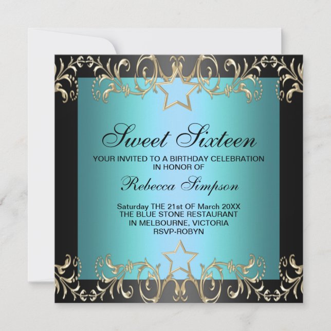 Blue & Black Star Sweet 16 Birthday Invitation (Front)