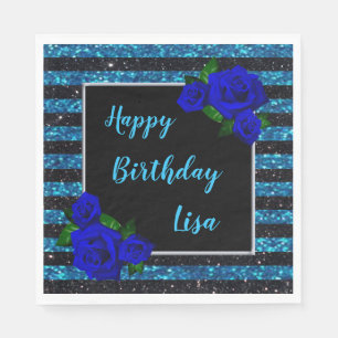 Blue Black Stripes Glitter Deep Blue Rose Birthday Napkin