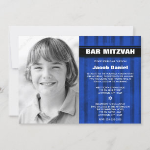 Blue Black Stripes Photo Bar Mitzvah Invitations