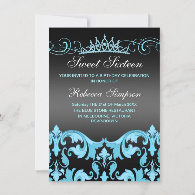 Blue/Black Sweet16 Damask & Tiara Birthday Invite (Front)