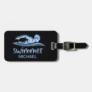 Blue Black Swimmer Swimming Pool Water Custom Lug Luggage Tag
