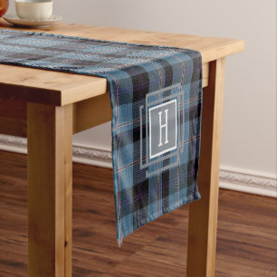 Blue Black Tartan Monogram  Short Table Runner
