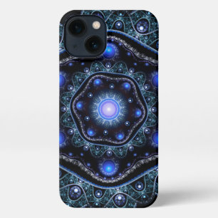 Blue Black Teal Shining Lace Boho Fractal Mandala iPhone 13 Case