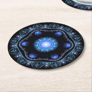 Blue Black Teal Shining Lace Boho Fractal Mandala Round Paper Coaster
