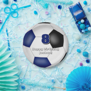 blue black team colours soccer kids sports party paper plate