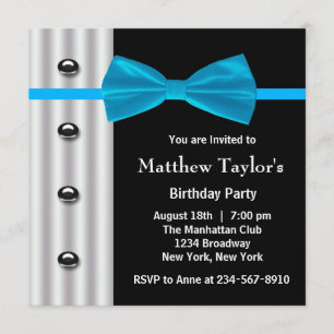 Blue Black Tuxedo Bow Tie Mens Birthday Party Invi Invitation