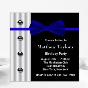 Blue Black Tuxedo Bow Tie Mens Birthday Party Invitation