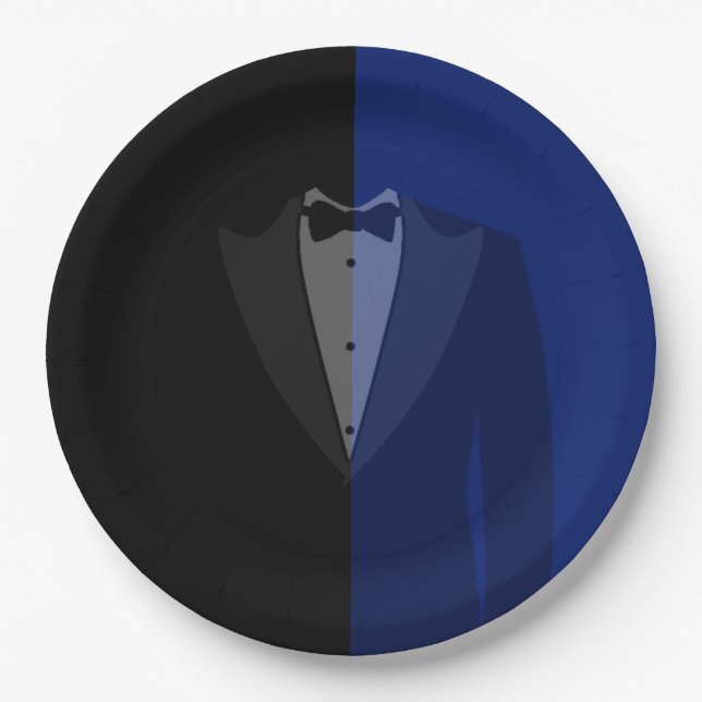 Blue/black tuxedo print paper plate (Front)