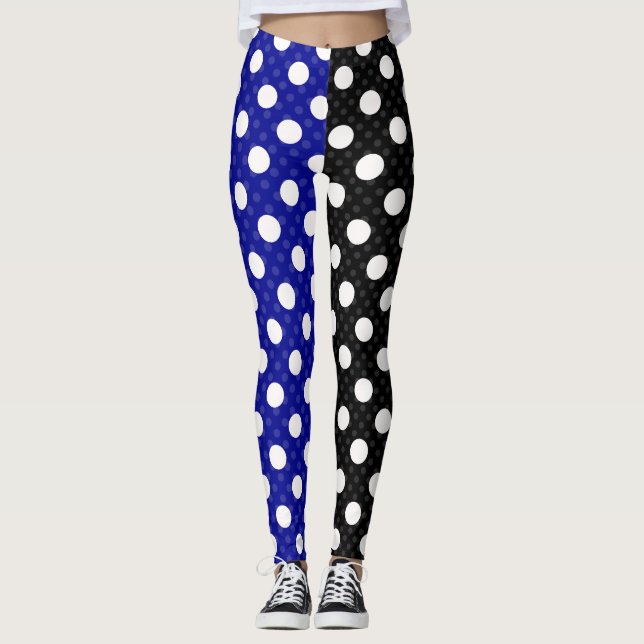 Blue Black Two Tone Split Polka Dots Leggings (Front)