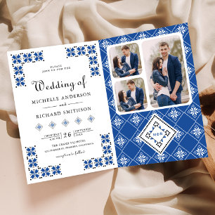 Blue Black Ukrainian Embroidery QR Code Wedding Invitation