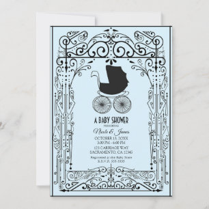 Blue & Black Vintage Carriage Deco Baby Shower   Invitation