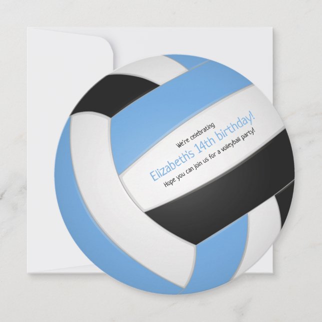 Blue black volleyball birthday party  announcement (Front)